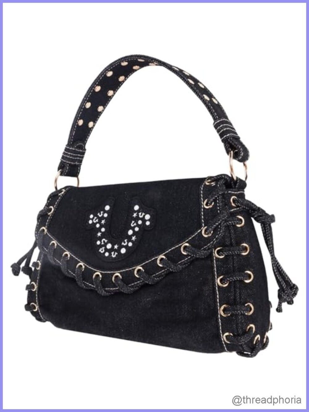 Studded Horseshoe Eyelet Denim Flap Crossbody Shoulder Bag Satchel